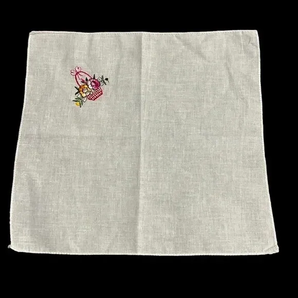 Vintage Handkerchief Embroidered White Floral Easter Basket Spring Cotton