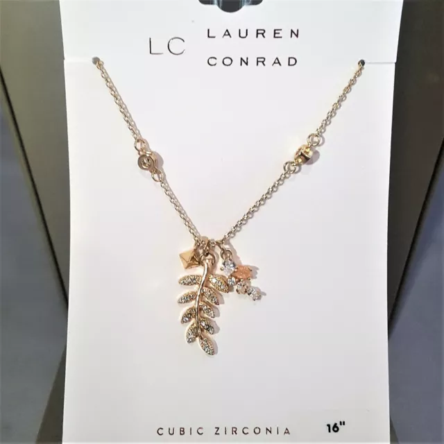 Lc Lauren Conrad Gold Plated Leaf Cz Charm Necklace Nwt