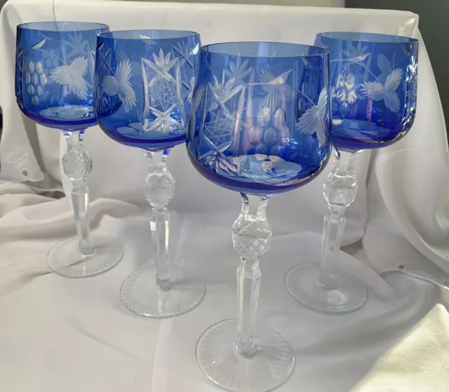 4 Cobalt Blue Cut to Clear Crystal Bohemian Wine Glasses 8.5” Tall Magnificent