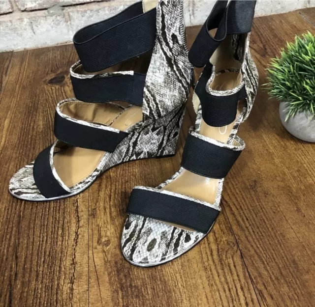 Report Signature Snakeskin Back Zip Strappy Platform Ankle Wedges Sz 9 3