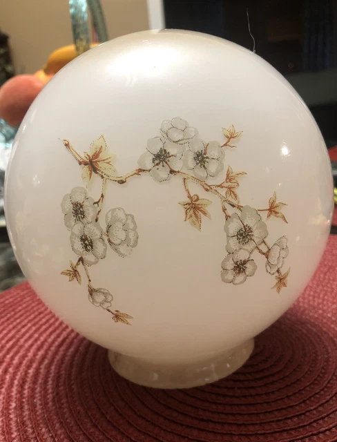 NICE! Vintage Floral White & Brown MILK GLASS GLOBE Ceiling Light Lamp SHADE!