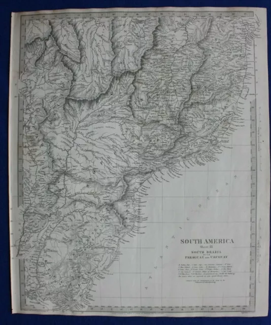 SOUTH AMERICA III, PARAGUAY, URUGUAY, BRAZIL, original antique map, SDUK, 1844