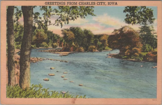 Greetings From Charles City Iowa river scene 1940s linen postcard F445