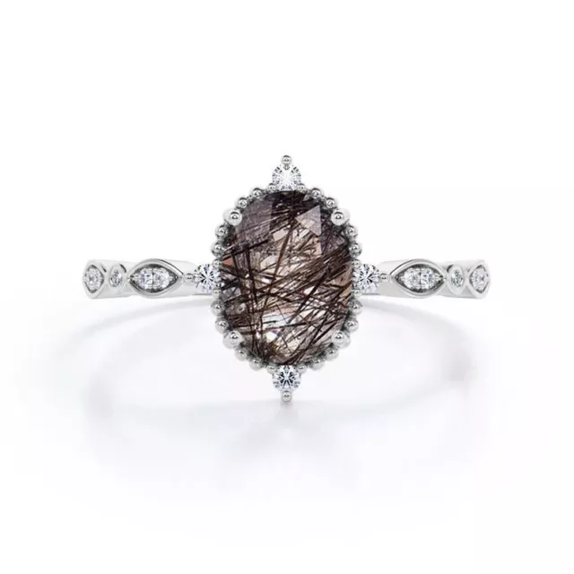 Engagement Cluster Ring 14ct Gold Rutilated Quartz Diamond Gemstone Jewelry