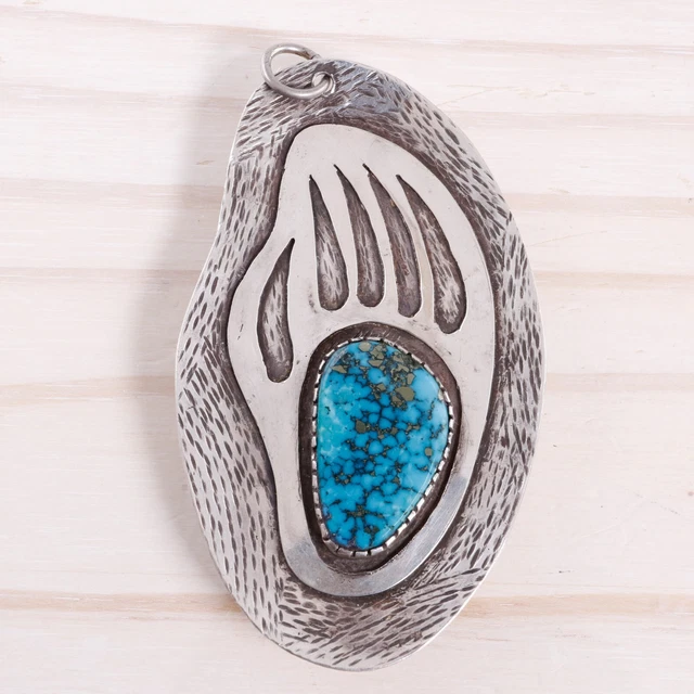 Huge Pawn Ag Sterling Silver Morenci Pyrite Turquoise Bear Badger Paw Pendant