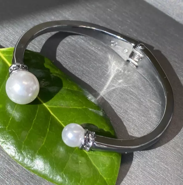 Mermaid-Core Signed Vintage Faux Pearl Rhodium Plated Cuff Bangle Bracelet 6.75"