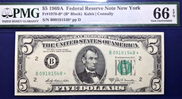 1969A $5 Federal Reserve Note Fr-1970-B* New York PMG66  Gem EPQ
