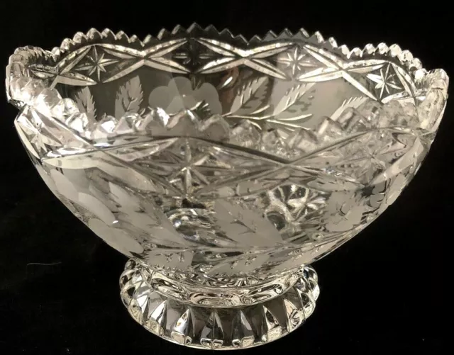 Lead Crystal 6-3/8” Fruit Salad Punch Bowl w/Saw Tooth Rim Rose Stems Design