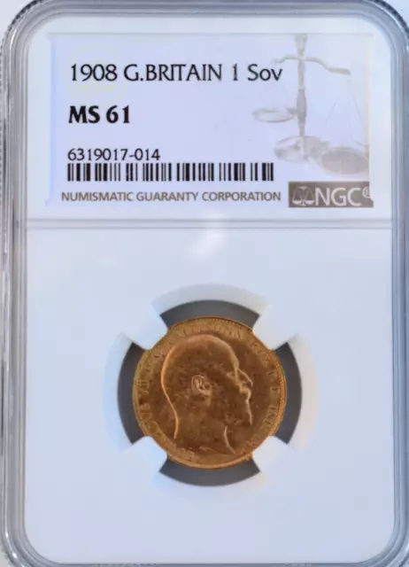 1908 Gold Sovereign, NGC MS61 Edward Great Britain UK
