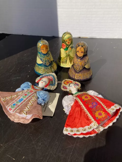 Lot of 5 Hand Painted Russian Wooden Roly Poly Princess Dolls Vintage
