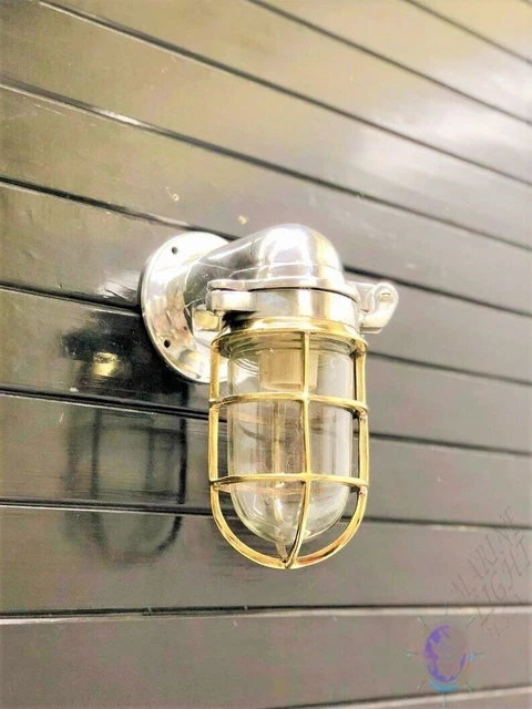 Aplique de pared con mamparo de latón y aluminio liso antiguo marino de...