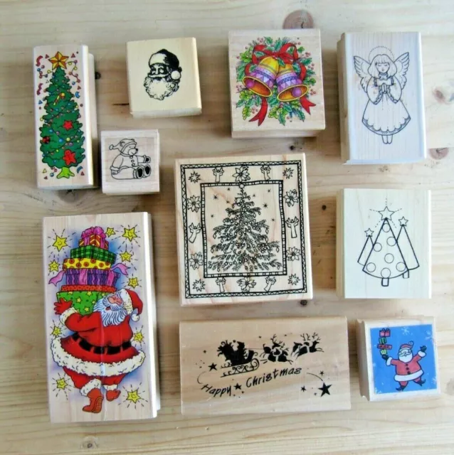 Job Lot of 10 Wooden Rubber Stamps - Christmas Card Making Craft