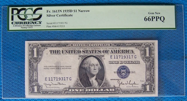 1935-D 1$ Silver Certificate Note $1 Narrow Plate #16641/5215 Fr# 1613N 66 Unc
