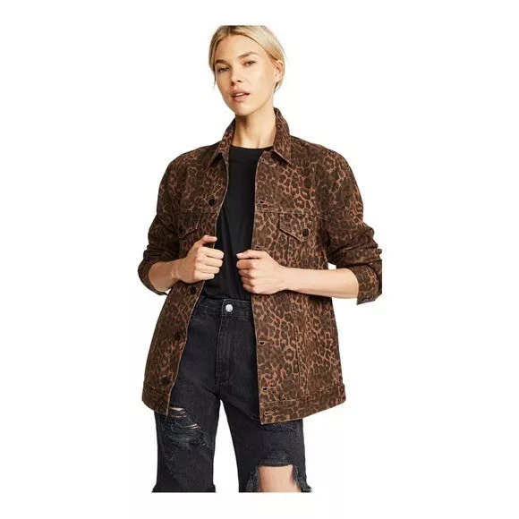 Alexander Wang Daze Animal Print Denim Jacket Oversized in Tan Leopard Print SzS