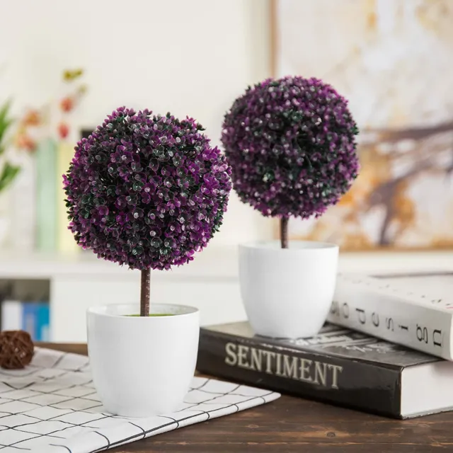 Set of 2 Faux Potted Tabletop Purple Flower Plant Topiary w/ White Planter Pots