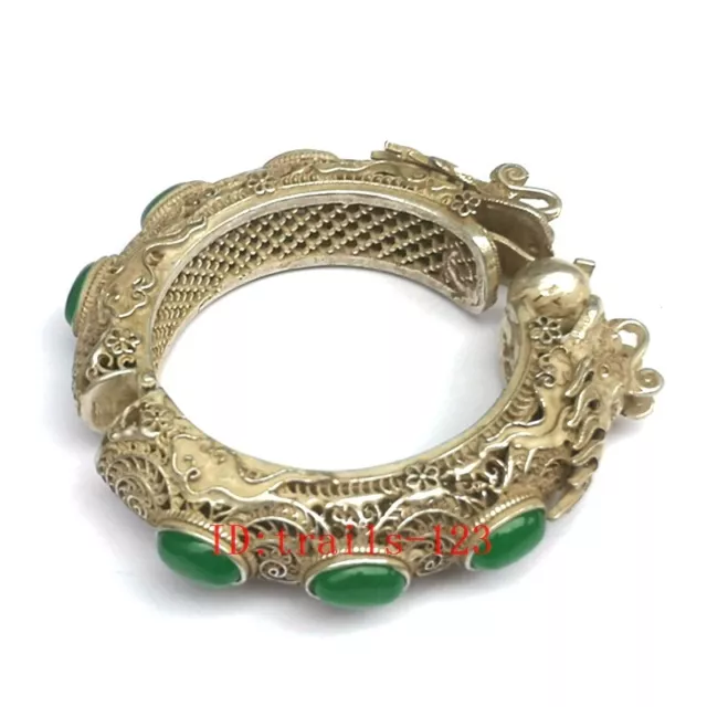 Chinese Tibet Silver Handmade Inlaid Jewelry dragon bracelet old Gift Collection 3