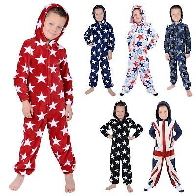 New Boys Hooded Fleece All In One Piece Pyjamas Jump Sleep Suit PJs Nightwear