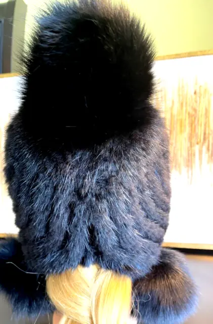 New Genuine Mink Fur Black Knitted Beanie Hat With 3 Big Real Fox Fur Pompom