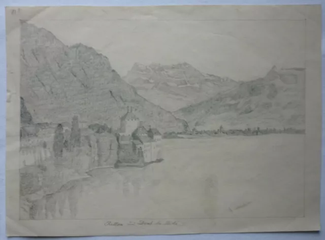 BLEISTIFT ZEICHNUNG Schloß Chillon Villeneuve vor 1910 ca. 25x18,5cm Karl Ehlers 2