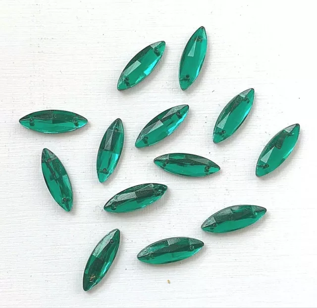 Crystals - 13 Emerald Green German Foil Back Crystals Measure 17 x 6 mm Germany