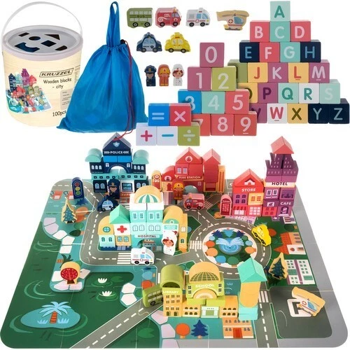 Holzbausteine Stadt, Kinder Baby Spielzeug aus Holz Lernspielzeug  Montessori