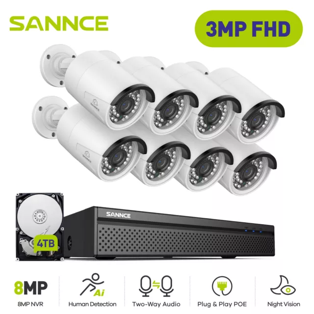 SANNCE 4K 8CH NVR 3MP POE Security Camera System Two Way Audio Human Detection