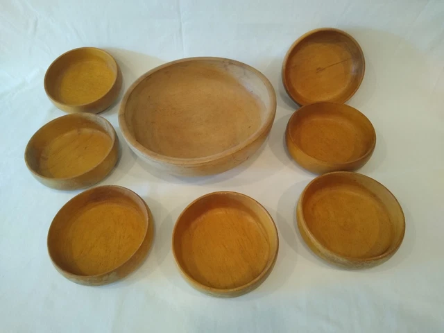 Vintage Wooden Salad Bowl Set Primitive Japan Large Serving Bowl 6 Salad Bowls