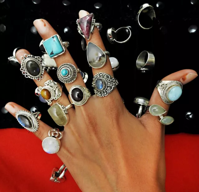 Assorted Gemstones Chunky Hippie Handmade Rings Lot 925 Sterling Silver Jewelry