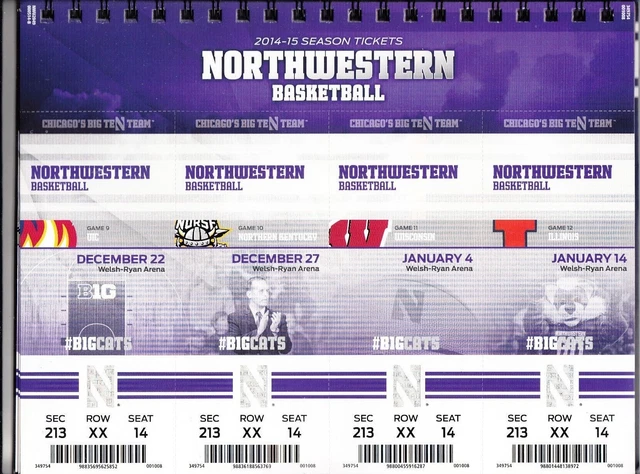 2014-15 Northwestern Wildcats College Basketball Ticket Sheet Set Strip Stubs