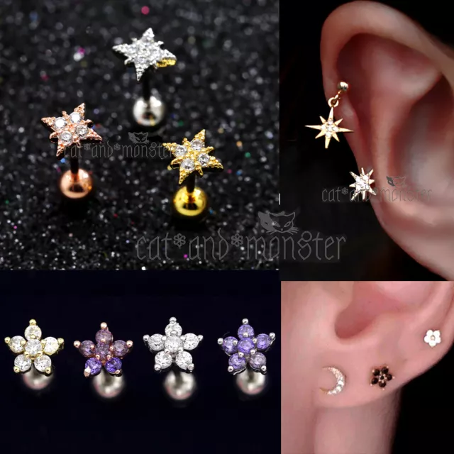 Gem Diamonds Ring Bar Ear Climber Cartilage Helix Tragus Piercing Stud Earrings