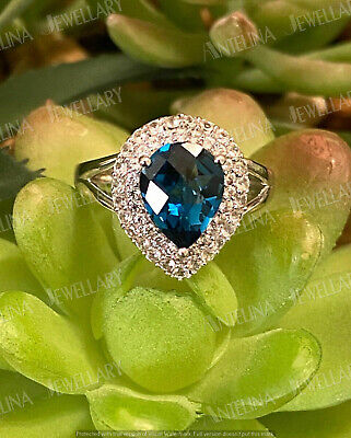2.25Ct Pear London Blue Topaz & Diamond Engagement Ring In 14K White Gold Finish