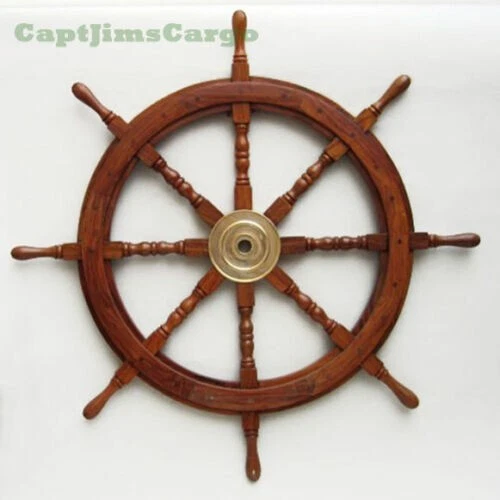 Large 36" Boat Ship Wooden Steering Wheel Brass Center Nautical Wall Decor New