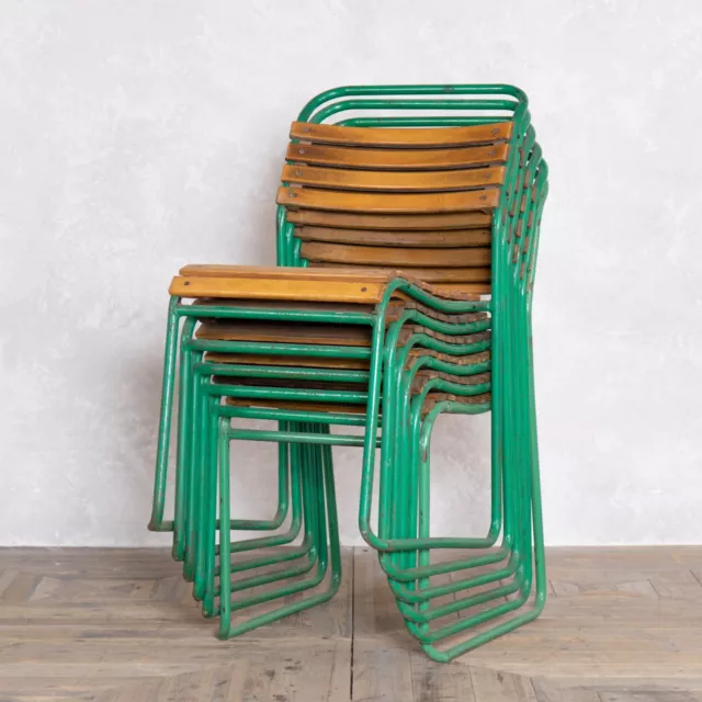 Set Of 6 Vintage Green Slatted Stacking Chairs Green Metal Frame Wooden Chairs