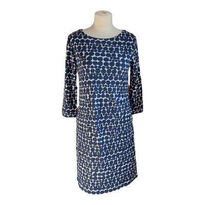 White Stuff Dress Knee Length Navy Spots Size 10 With Side Pockets 3/4 Sleeves
