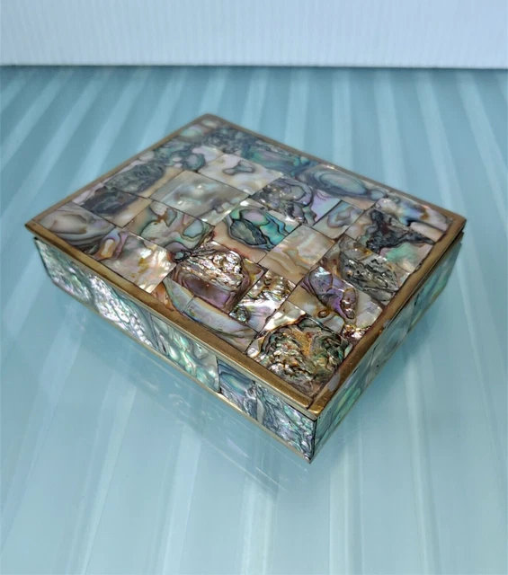 Box Inlay Abalone Shell Wood Brass Mexico Made Vtg Shell Trinket Lidded Hinged