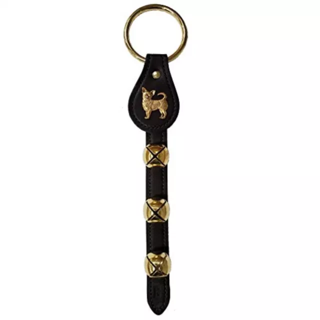 Chihuahua Charm Black Leather Strap Sleigh Bell Door Hanger 12 Inch Made in USA