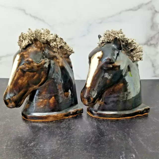 1948 Mid Century Ceramic Horse Head Bookends Spaghetti Handmade Signed by Artist