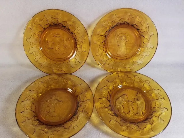 Vintage Tiara Indiana Amber Glass Children's Nursery Rhyme Plates (4)