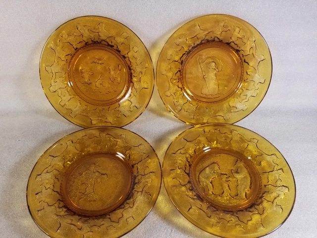 Vintage Tiara Indiana Amber Glass Children's Nursery Rhyme Plates (4)