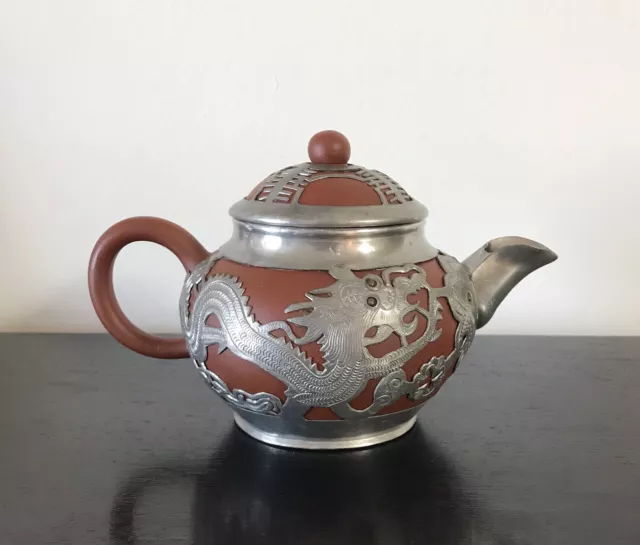 antique chinese export yixing Wei Hai Wei  pewter mount dragon teapot