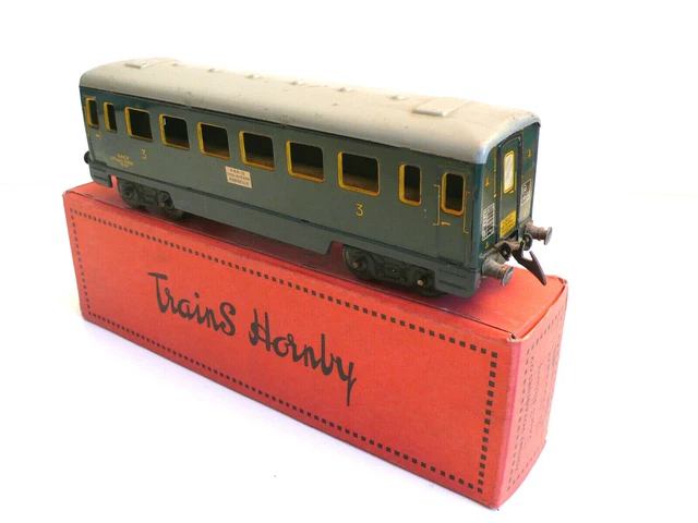 HORNBY ÉCHELLE O VOITURE VOYAGEURS TOLE Lg 25 cm BEL ÉTAT+ BOITE 1954