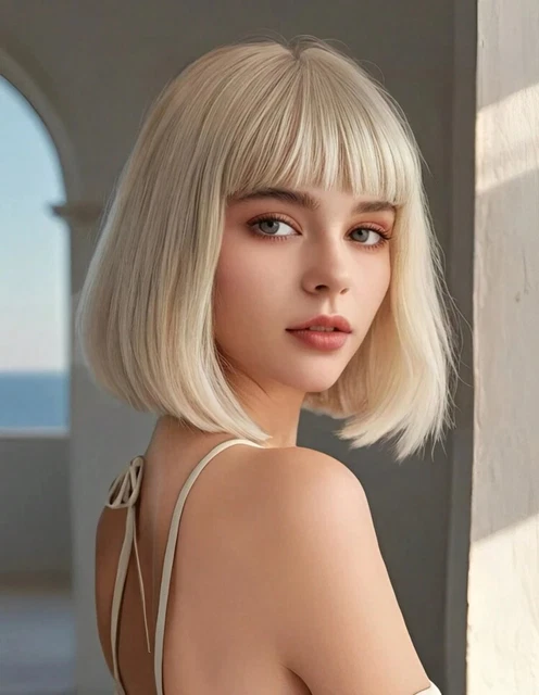 Perruque Synthétique Courte Blond Doré Clair Avec Frange - Longueur 25cm, Bonnet Classique Taille M, +4 Bonnets