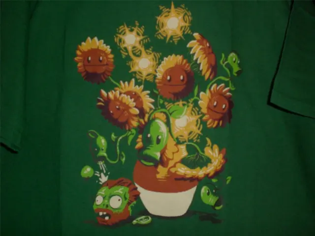 TeeFury Van Gogh LARGE "Sunflowers VS Zombies" Mash Up Shirt GREEN