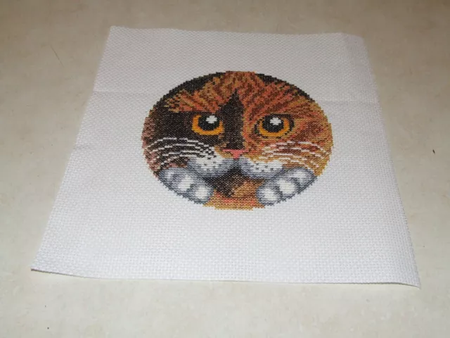 Completed Cross Stitch -  Cat - Unframed. 13cm Round