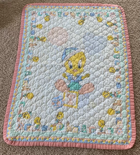 Vintage Tweety Bird Baby Blanket Quilted 34x44” Looney Tunes