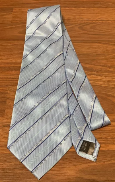 Giorgio Armani Collezioni Blue Silk Name Pattern Striped Tie 58"