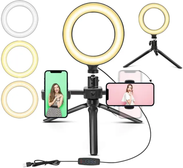 Anillo de luz para selfie de 6" con trípode de escritorio y 2 soportes para teléfono, temperatura de color ajustable