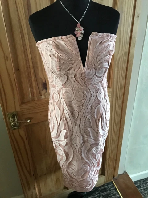 Dusty blue lace v bar bandeau midi dress cheap