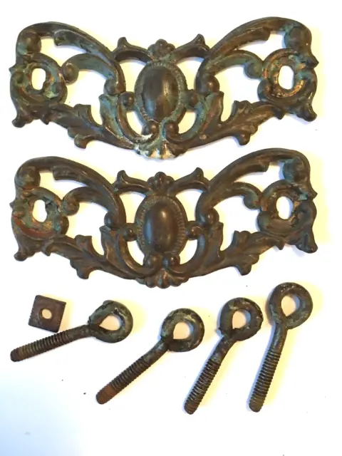 Antique Set of 2 Victorian Ornate Pressed Metal Drawer Handle Plates Trunk Decor