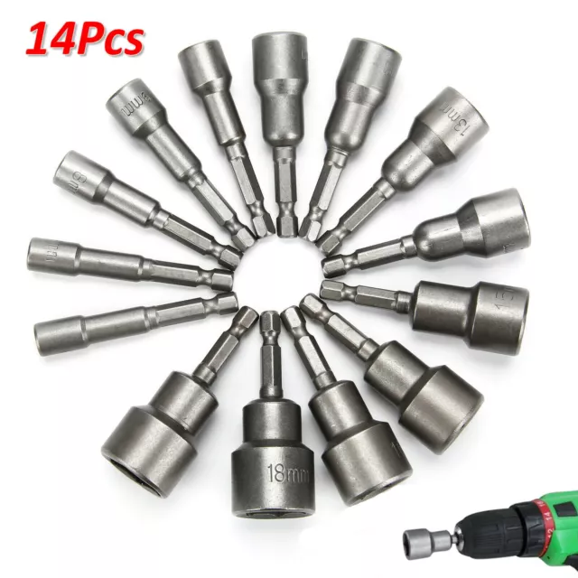 14pcs Nut Driver Bit Set Hex Magnetic Metric Socket Impact Drill 6 To19mm 1/4"